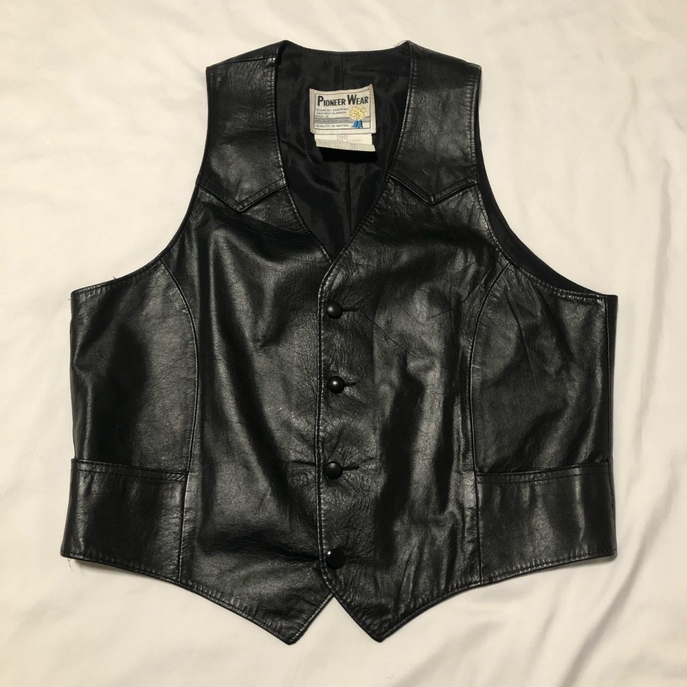 Vintage Pioneer Wear Vest Mens 42 Black Genuine Leather Western USA